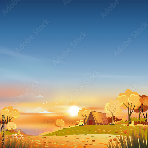 Autumn rural landscape sunset with orange and blue sky background Vector Cartoon backdrop of natural in fall season with sunrise  farm field at countryside with cottage house on hill in forest tree