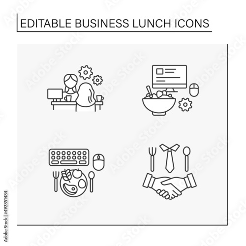 Business lunch line icons set. Working meeting at lunchtime. Job interview. Discussion between workers. Talking concept. Isolated vector illustration. Editable stroke