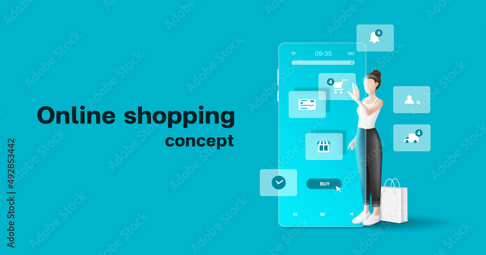 Woman stands in front of a smartphone and presses to a screen to order online and various icons pop up around that area,vector 3d isolated on blue background for technology and online shopping concept Woman stands in front of a smartphone and presses to a screen to order online and various icons pop up around that area,vector 3d isolated on blue background for technology and online shopping concept