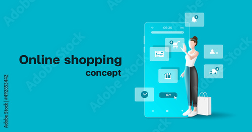 Woman stands in front of a smartphone and presses to a screen to order online and various icons pop up around that area,vector 3d isolated on blue background for technology and online shopping concept