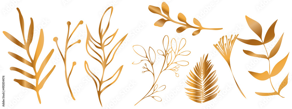 Vector plants and grasses in gold style with shiny effects. Minimalist style. Hand drawn plants. With leaves and organic shapes. For your own design. Vector plants and grasses in gold style with shiny effects. Minimalist style. Hand drawn plants. With leaves and organic shapes. For your own design.