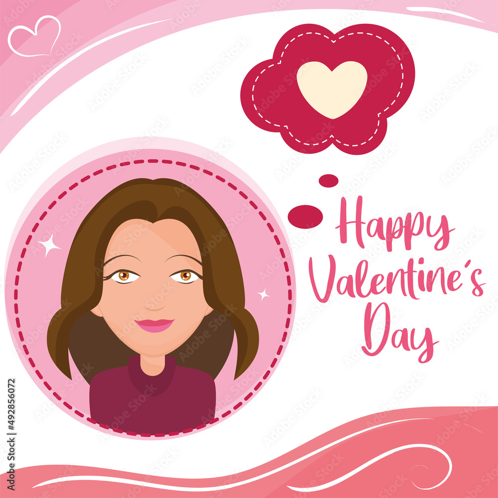 Happy girl avatar thinking of hearts Valentine day template Vector Happy girl avatar thinking of hearts Valentine day template Vector