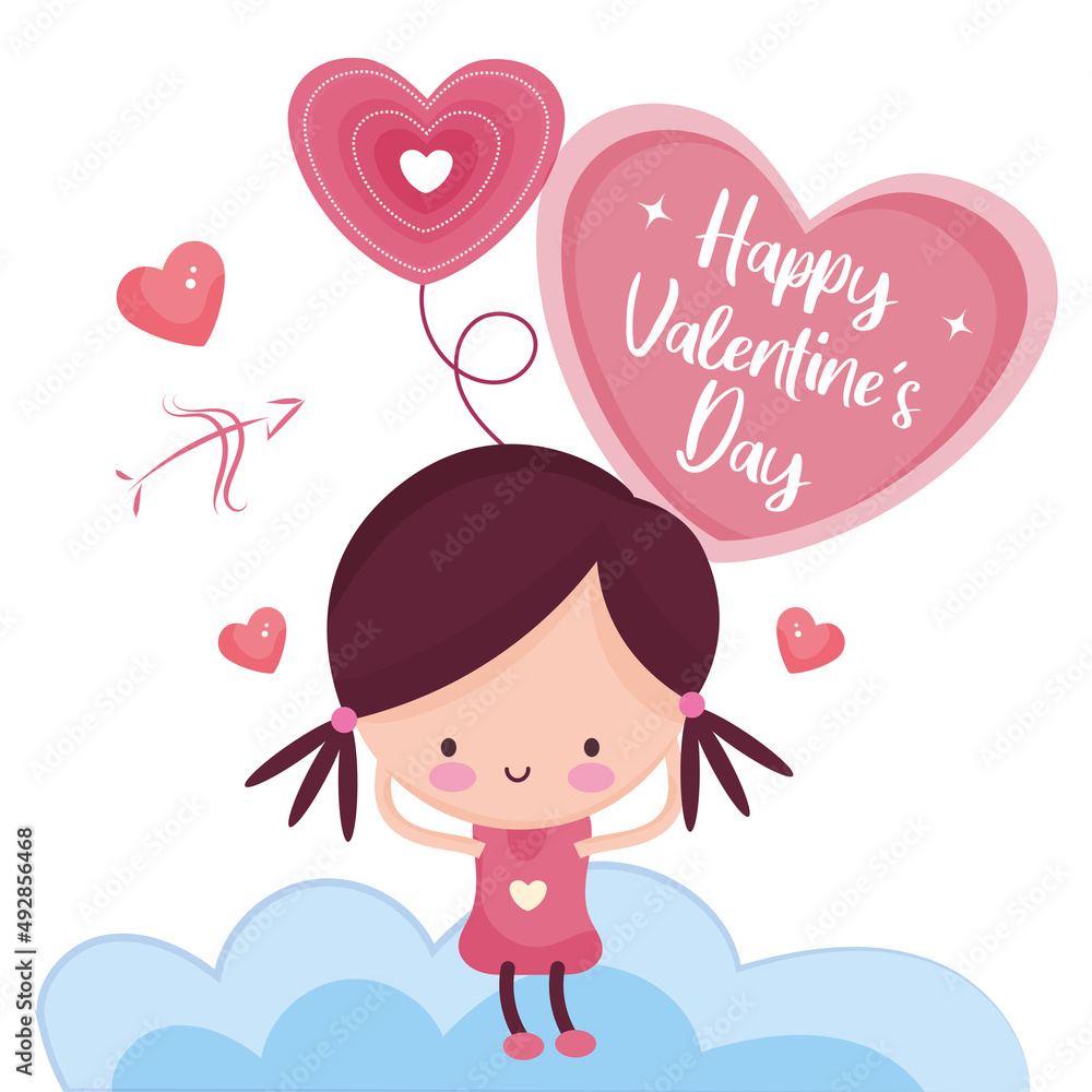 Isolated cute girl holding a heart shape balloon Valentine day Vector