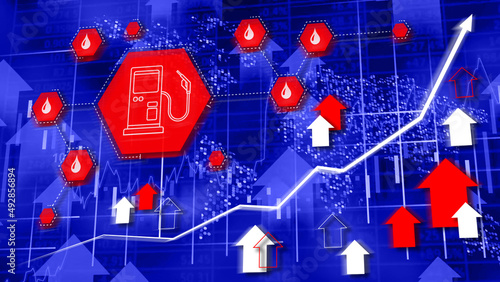 Fuel prices increasing concept - hi-tech background with petrol pump sign and rising graph. Rise of oil and gas on stock markets. World map at the back.