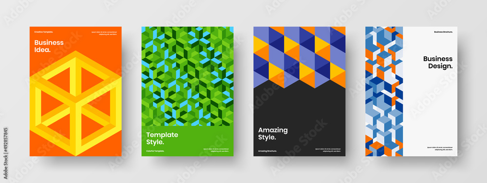 Fototapeta premium Bright mosaic hexagons front page template composition. Modern company cover design vector layout collection.