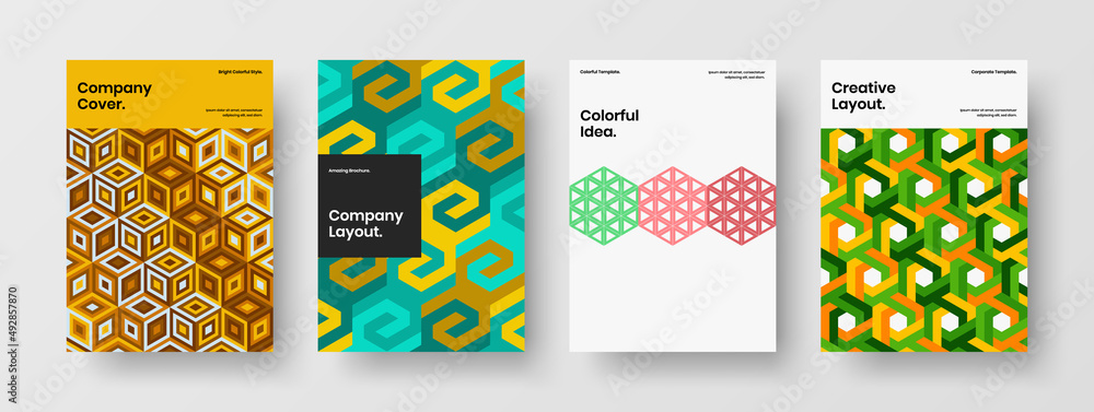 Minimalistic company brochure A4 design vector concept set. Original mosaic tiles front page layout bundle.