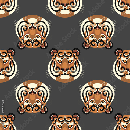 Seamless pattern of stylized tigers in a geometric grid. Strict design for fabric, backgrounds, wrapping paper
