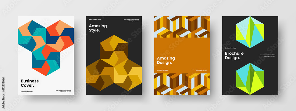 Abstract mosaic hexagons leaflet illustration set. Unique placard A4 vector design template collection. Abstract mosaic hexagons leaflet illustration set. Unique placard A4 vector design template collection.