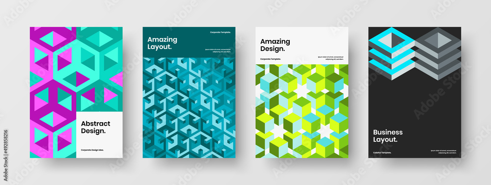 Colorful cover vector design concept set. Trendy geometric tiles corporate brochure layout bundle.