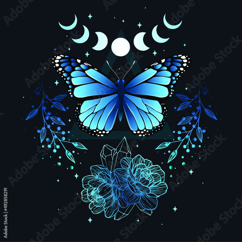Vector illustration with butterfly. Abstract mystic sign. Black linear shape. For you design, tattoo or magic craft.