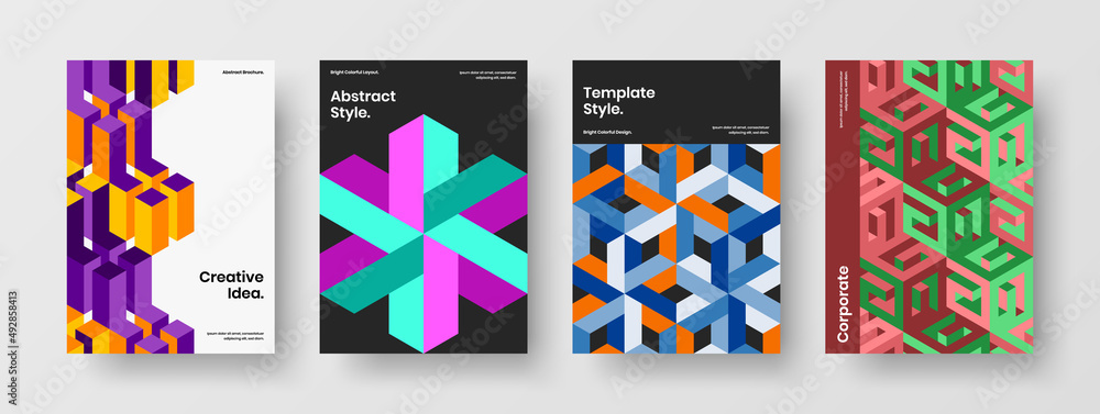 Obraz premium Multicolored postcard design vector template composition. Creative geometric shapes journal cover layout bundle.