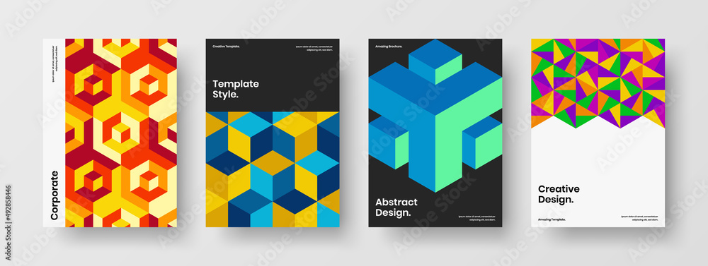 Amazing mosaic tiles postcard concept bundle. Abstract leaflet design vector layout set.