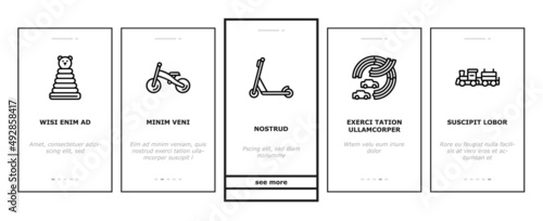 Wooden Toy For Children Play Time Onboarding Mobile App Page Screen Vector. Fishing Magnetic Game And Slingshot, Track For Playing With Car Ring Stacker, Train And Puzzles Wooden Toy Illustrations