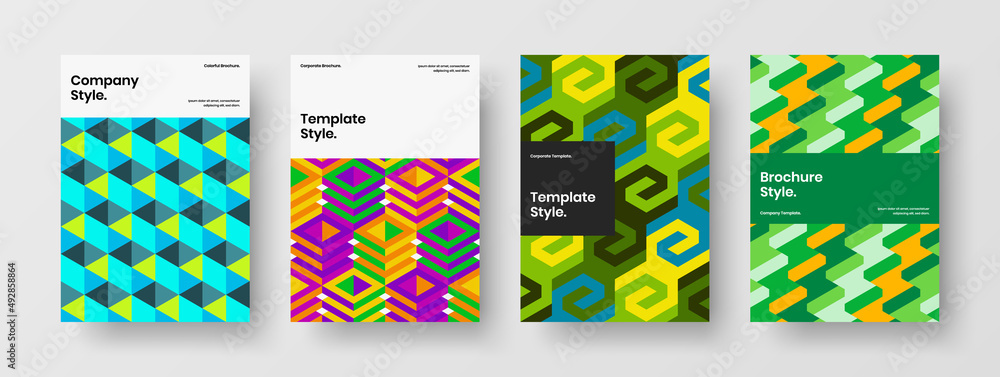 Vivid geometric pattern brochure concept bundle. Fresh company identity design vector illustration collection.