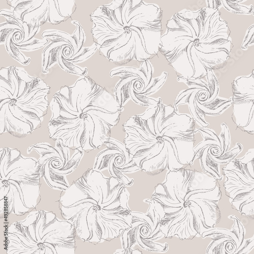 Botanical neutral seamless pattern, moonflowers lineart monochrome background