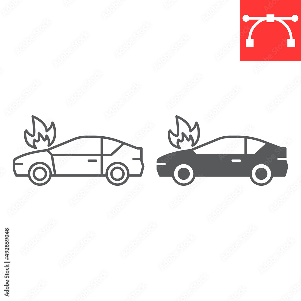 Car on fire line and glyph icon, insurance and accident, burning car vector icon, vector graphics, editable stroke outline sign, eps 10.