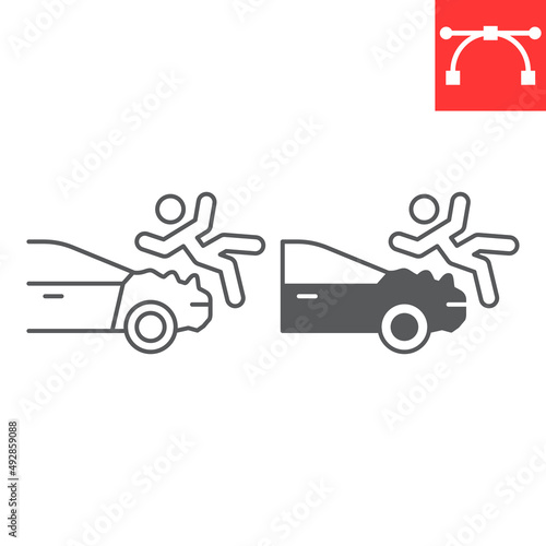 Pedestrian hit by car line and glyph icon, insurance and crash, pedestrian accident vector icon, vector graphics, editable stroke outline sign, eps 10.