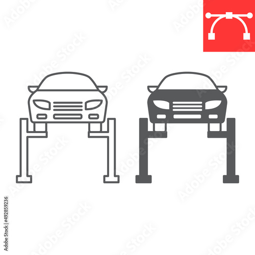 Car lifting line and glyph icon, vehicle service and repair, car service vector icon, vector graphics, editable stroke outline sign, eps 10.