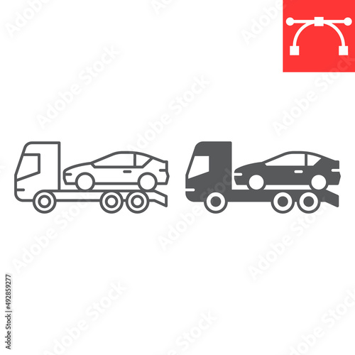 Car towing truck line and glyph icon, vehicle service and no parking, tow truck vector icon, vector graphics, editable stroke outline sign, eps 10.