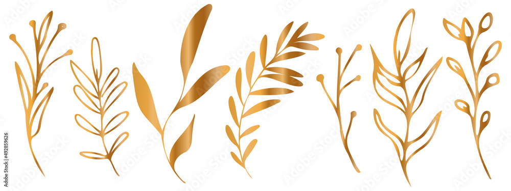 Vector plants and grasses in gold style with shiny effects. Minimalist style. Hand drawn plants. With leaves and organic shapes. For your own design. Vector plants and grasses in gold style with shiny effects. Minimalist style. Hand drawn plants. With leaves and organic shapes. For your own design.