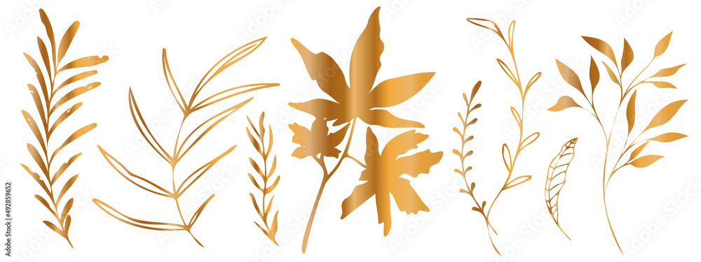 Vector plants and grasses in gold style with shiny effects. Minimalist style. Hand drawn plants. With leaves and organic shapes. For your own design. Vector plants and grasses in gold style with shiny effects. Minimalist style. Hand drawn plants. With leaves and organic shapes. For your own design.