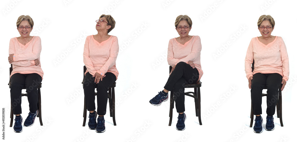 Group of Same Woman Sitting on Chair Various Poses Stock Photo - Image of  clothes, pants: 279811752
