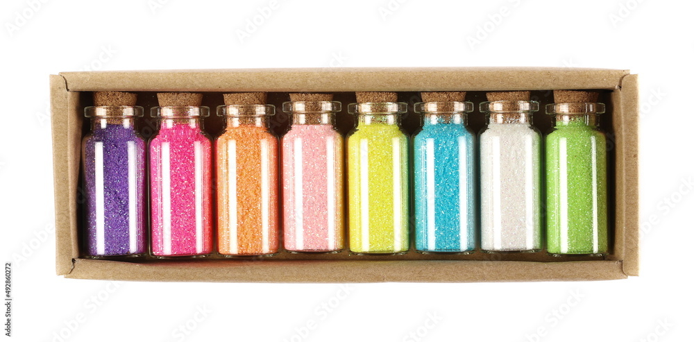 Glitter colorful set in glass bottle isolated on white Glitter colorful set in glass bottle isolated on white