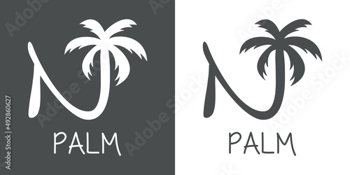 Logotipo texto Palm con letra N en tipografía con forma de silueta de palmera en fondo gris y fondo blanco