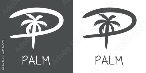 Logotipo texto Palm con letra P en tipografía con forma de silueta de palmera en fondo gris y fondo blanco