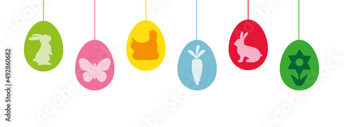 Bunte Ostereier auf weißem Hintergrund - Ostergrüße mit dekorativem Ostermotiv