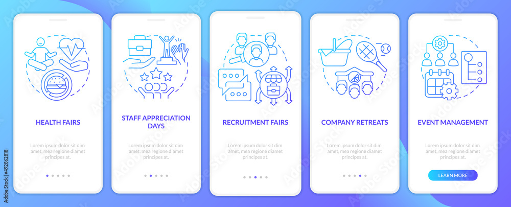 HR organizing skills blue gradient onboarding mobile app screen. Company walkthrough 5 steps graphic instructions pages with linear concepts. UI, UX, GUI template. Myriad Pro-Bold, Regular fonts used HR organizing skills blue gradient onboarding mobile app screen. Company walkthrough 5 steps graphic instructions pages with linear concepts. UI, UX, GUI template. Myriad Pro-Bold, Regular fonts used