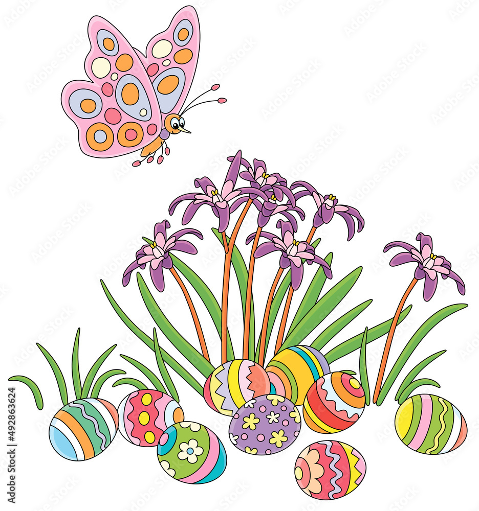 Spotted merry butterfly flittering over colorfully painted Easter eggs among spring wildflowers, vector cartoon illustration isolated on a white background