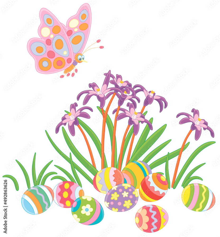 Spotted merry butterfly flittering over colorfully painted Easter eggs among spring wildflowers, vector cartoon illustration isolated on a white background Spotted merry butterfly flittering over colorfully painted Easter eggs among spring wildflowers, vector cartoon illustration isolated on a white background
