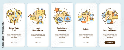 Challenges to achieving food security onboarding mobile app screen. Walkthrough 5 steps graphic instructions pages with linear concepts. UI, UX, GUI template. Myriad Pro-Bold, Regular fonts used