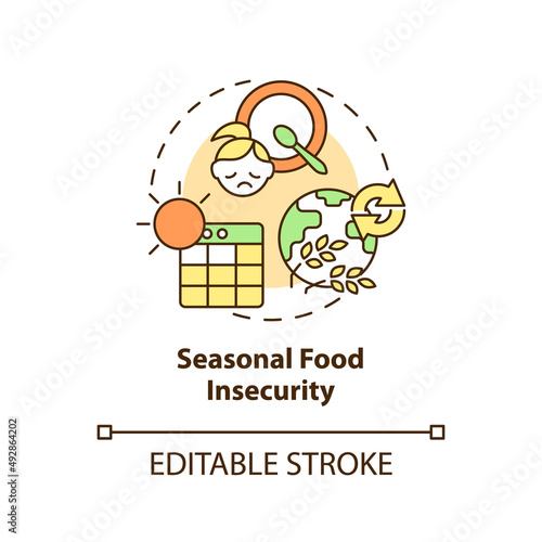 Seasonal food insecurity concept icon. Recurrent condition. Types of food insecurity abstract idea thin line illustration. Isolated outline drawing. Editable stroke. Arial, Myriad Pro-Bold fonts used
