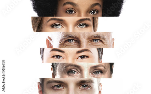 Fotografi Collage with close-up male and female eyes of different ethnicity and age