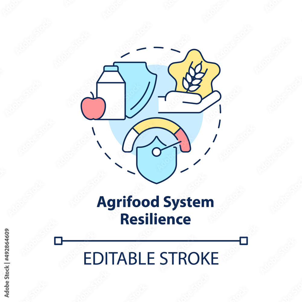 Agrifood system resilience concept icon. Food security approaches abstract idea thin line illustration. Isolated outline drawing. Editable stroke. Arial, Myriad Pro-Bold fonts used Agrifood system resilience concept icon. Food security approaches abstract idea thin line illustration. Isolated outline drawing. Editable stroke. Arial, Myriad Pro-Bold fonts used