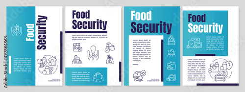 Food security blue brochure template. Accessible and affordable food. Leaflet design with linear icons. 4 vector layouts for presentation, annual reports. Anton, Lato-Regular fonts used