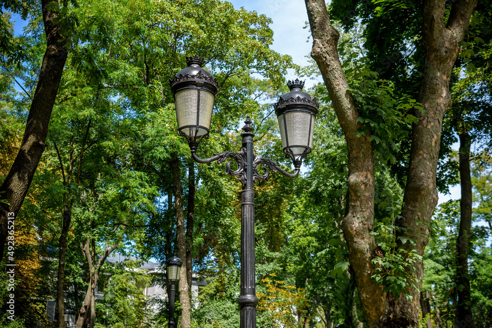 One of the many gas lamps along an alley in the city park
