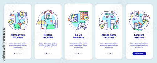 Types of property insurance onboarding mobile app screen. Real estate walkthrough 5 steps graphic instructions pages with linear concepts. UI, UX, GUI template. Myriad Pro-Bold, Regular fonts used