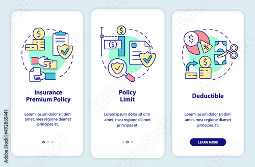 Insurance components onboarding mobile app screen. Financial protection walkthrough 3 steps graphic instructions pages with linear concepts. UI, UX, GUI template. Myriad Pro-Bold, Regular fonts used