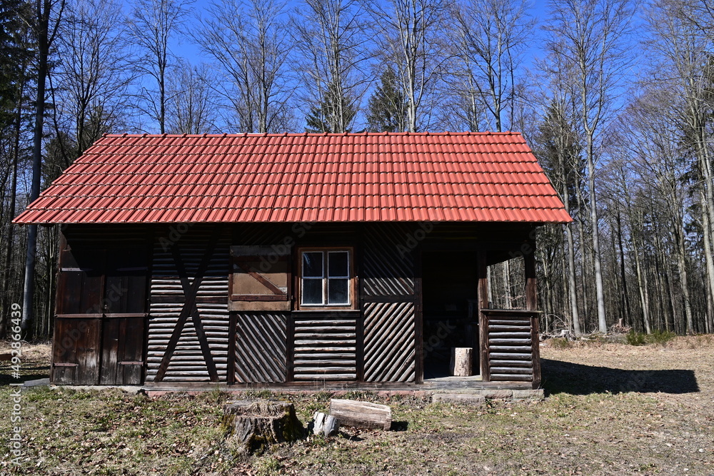 Kleine Holzhütte im Wald bei blauem Himmel, Forsthaus Kleine Holzhütte im Wald bei blauem Himmel, Forsthaus
