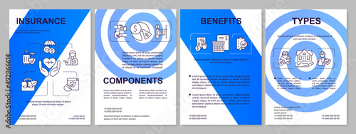 Insurance protection blue brochure template. Life accident cover. Leaflet design with linear icons. 4 vector layouts for presentation, annual reports. Arial, Myriad Pro-Regular fonts used