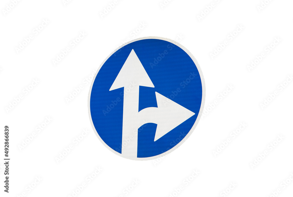 Right blue sign on a road, isolated on the white background. Right blue sign on a road, isolated on the white background.