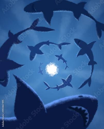 Shark Silhouettes circling around Silver Moon in blue ocean depth