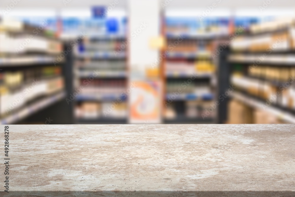A table top with supermarket grocery store background for product display A table top with supermarket grocery store background for product display