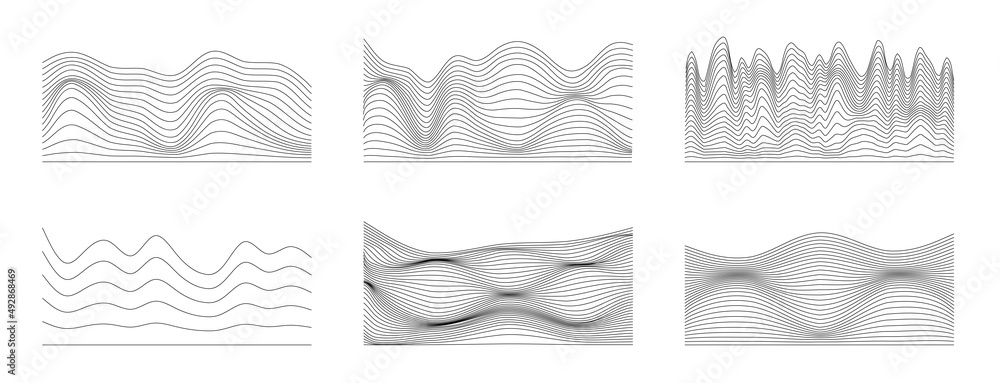 Black landscape mesh collection isolated on white background. Trendy line art grid Mountains and hills