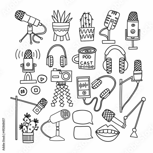 doodle set with microphones, potted flowers, headphones. podcast, sound recording. vector illustration isolated on white background