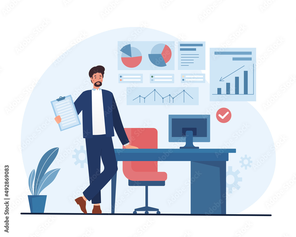 Businessman in office. Guy on background of graphs and diagrams. Analytical department, entrepreneur with report of subordinates plans development of organization. Cartoon flat vector illustration Businessman in office. Guy on background of graphs and diagrams. Analytical department, entrepreneur with report of subordinates plans development of organization. Cartoon flat vector illustration