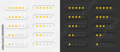 Product rating or customer review with gold stars for apps and websites. Rating stars scale on light and dark background in neumorphism style. Vector EPS 10